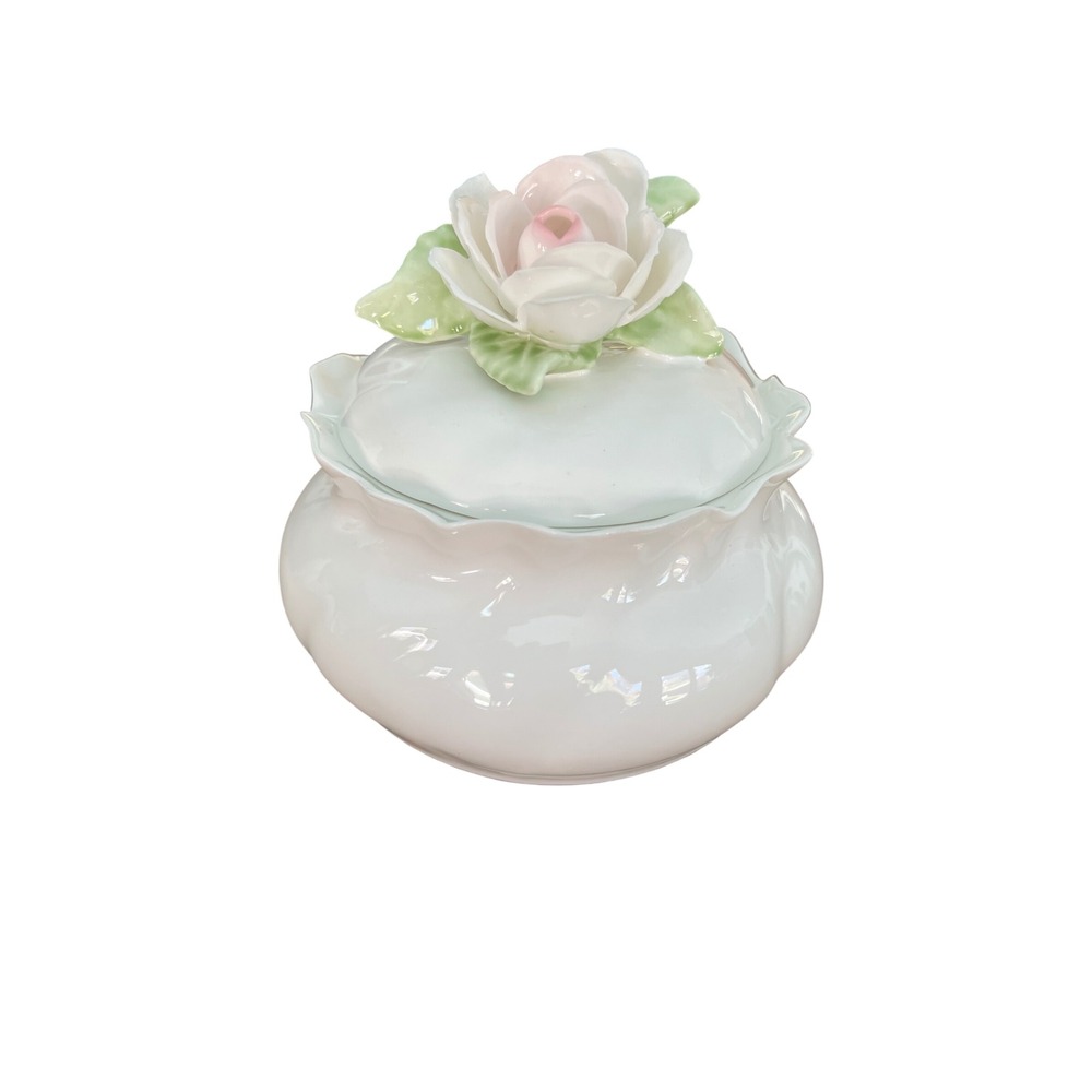 Rosa Collection Pintar Handcrafted Bone China Trinket Jar with 3D Rose Lid White